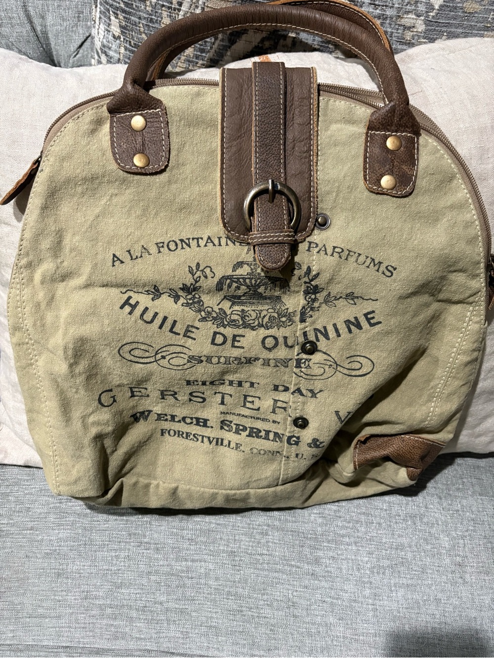Myra Bag Olive Canvas and Brown Leather Satchel
